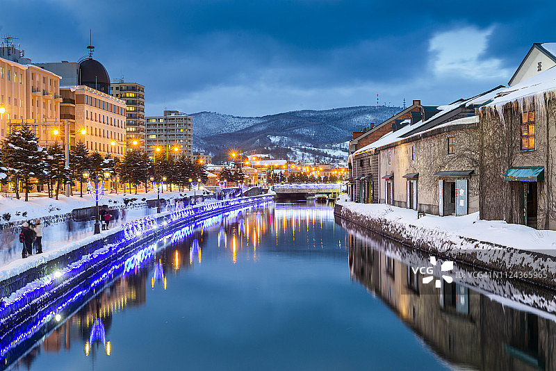 日本小樽运河美丽的夜景图片素材