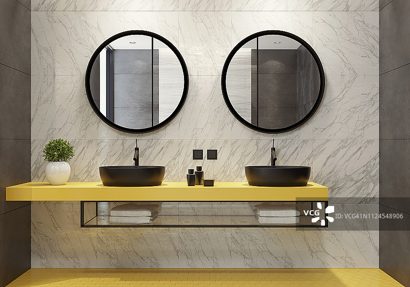 带黄色蜂窝瓷砖的现代浴室图片素材