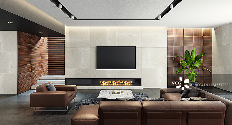 现代宽敞的极简主义客厅与生态壁炉图片素材