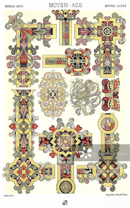 中世纪手稿装饰、画框和花卉图片素材