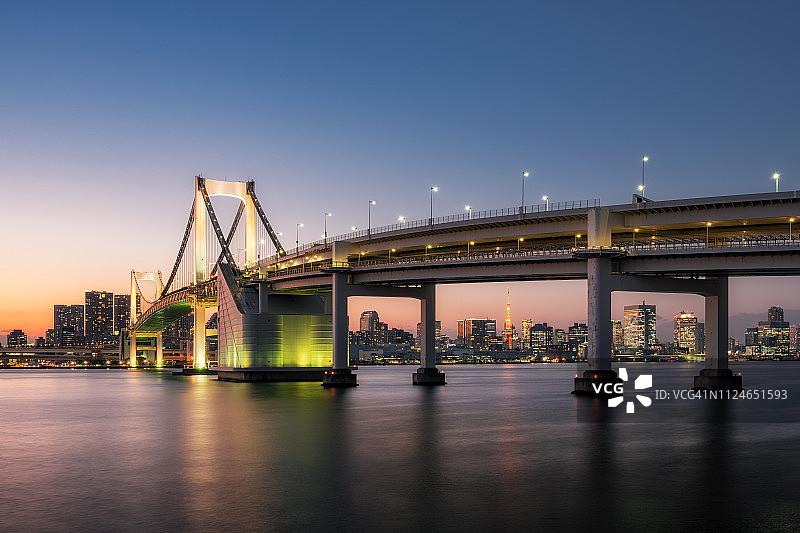东京彩虹桥与摩天大楼夜景（远眺东京塔）图片素材