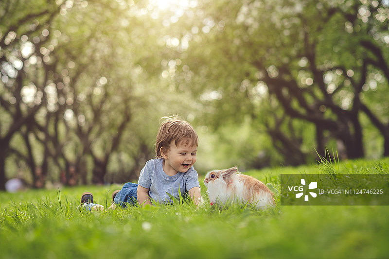 可爱的小男孩在复活节彩蛋寻宝活动中与兔子玩耍图片素材
