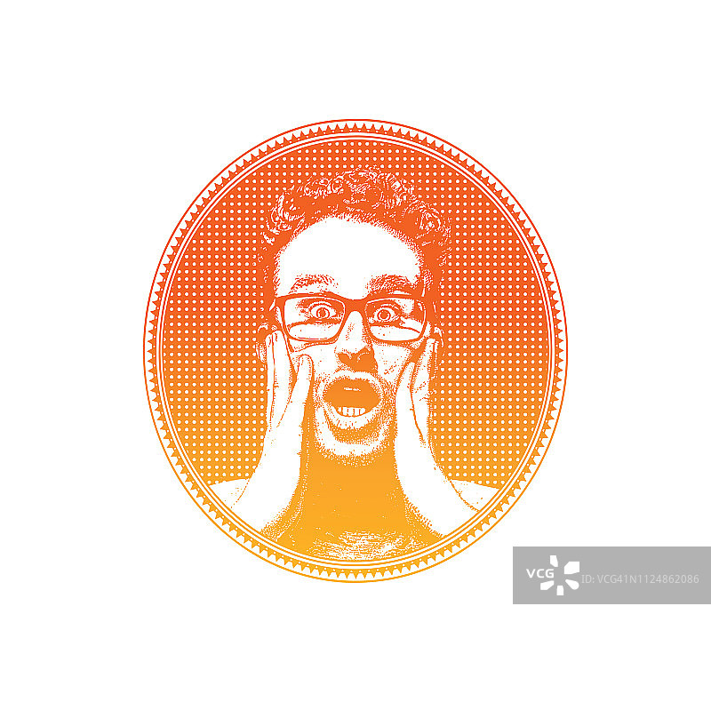 半色调椭圆框内面露震惊的青年图片素材