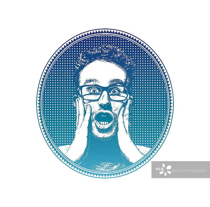 半色调椭圆框内面露震惊的青年图片素材