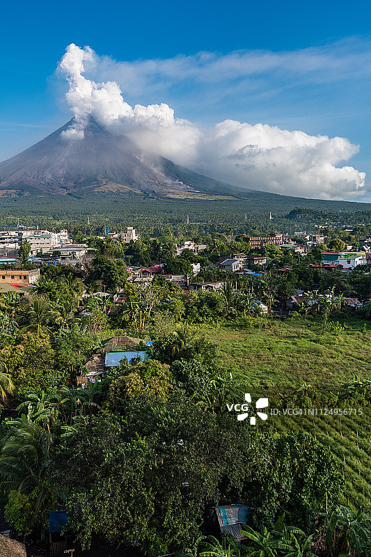 城市、田野和火山图片素材