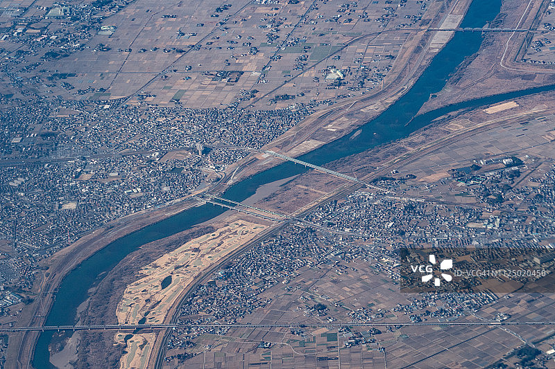 日本茨城县古河市利根川飞机航拍日景图片素材
