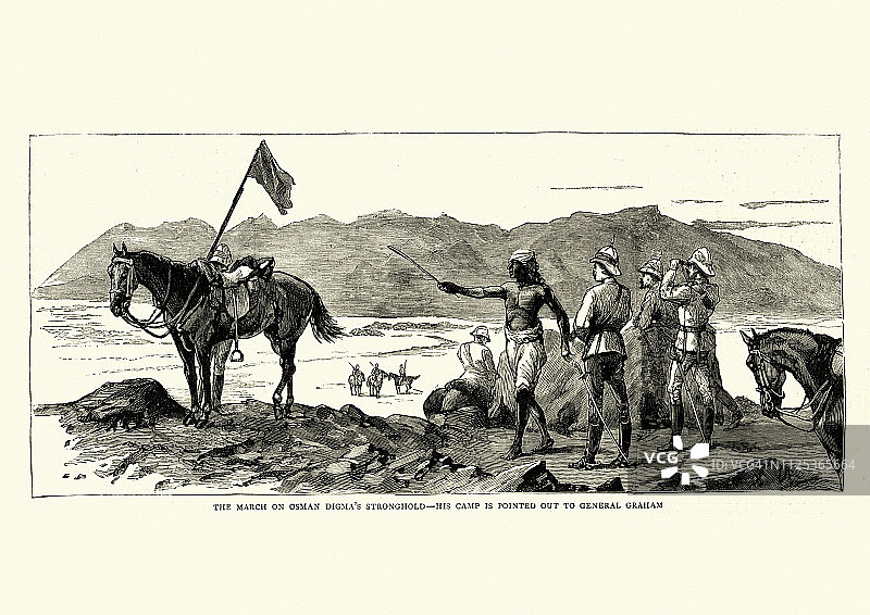 马赫迪斯特战争，格雷厄姆将军视察奥斯曼·迪格马的据点，19世纪图片素材