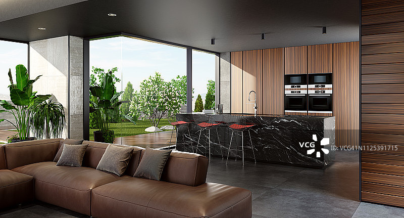 带开放式花园的现代简约厨房图片素材