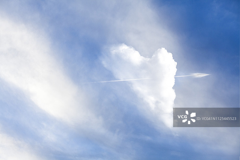 蓝天白云，心形图案，飞机穿过，形似箭头，概念摄影图片素材