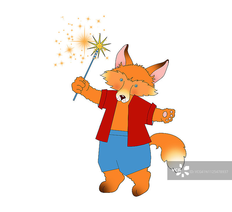 可爱的狐狸穿着衣服，挥舞着烟花的插画图片素材