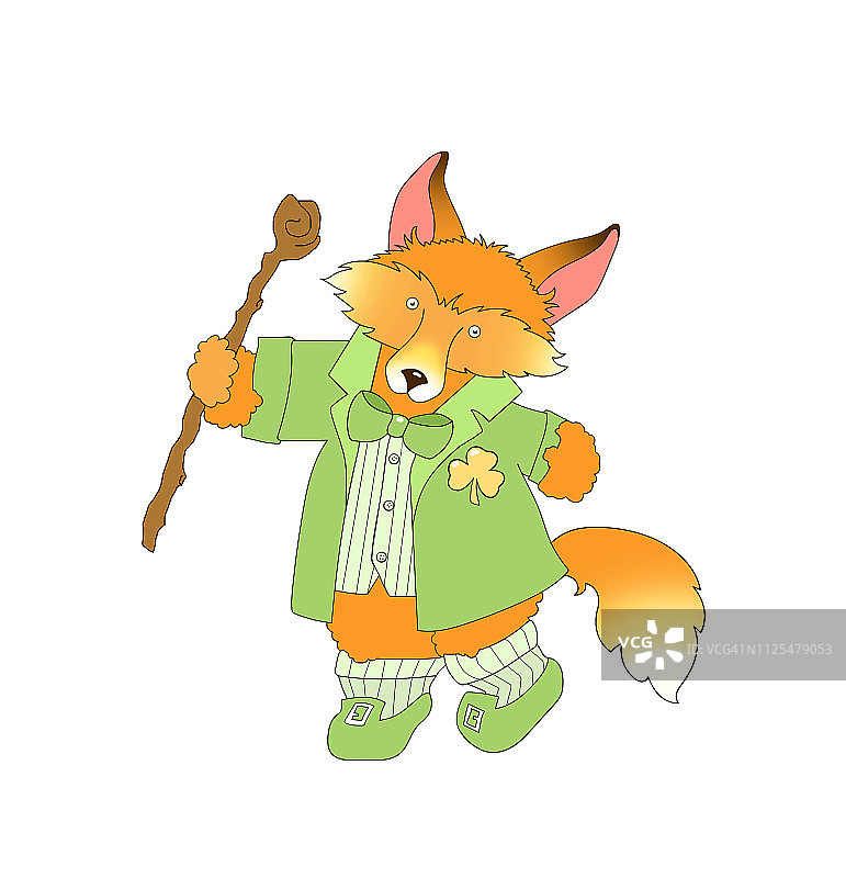 打扮成爱尔兰小妖精的狐狸插画，白色背景图片素材