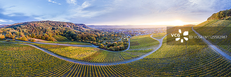 德国巴登-符腾堡州科尔伯kopf：秋日葡萄园日落全景航拍图片素材