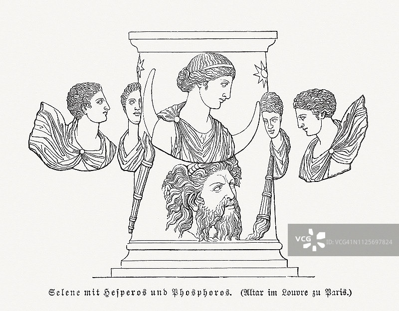 塞勒涅与狄俄斯库里（巴黎卢浮宫），1897年出版的木刻图片素材