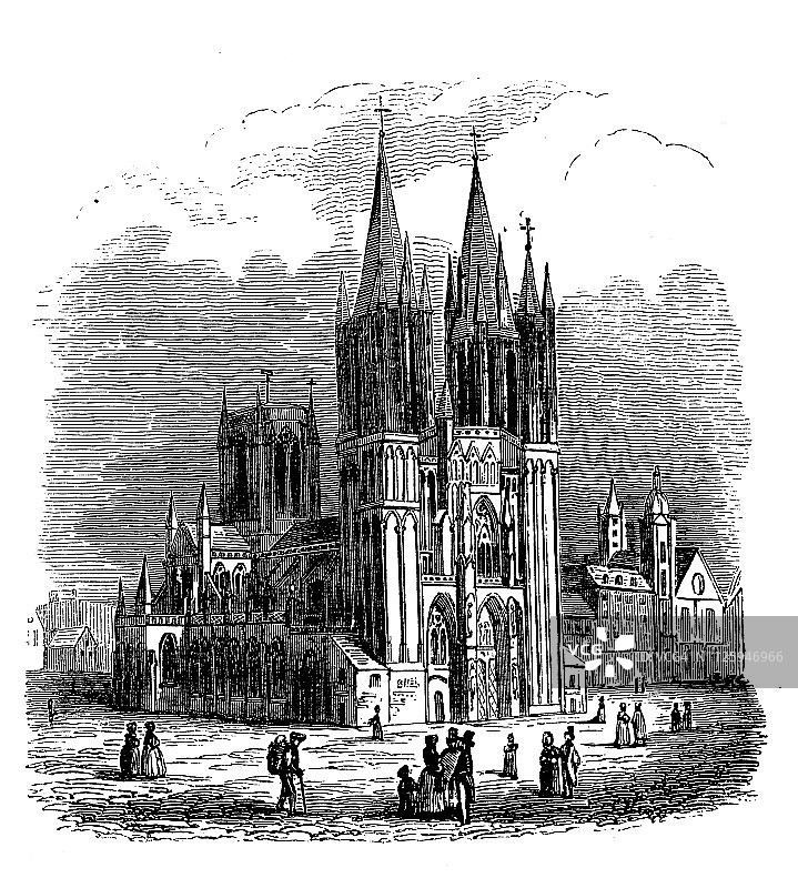 法国库唐斯大教堂复古插画图片素材