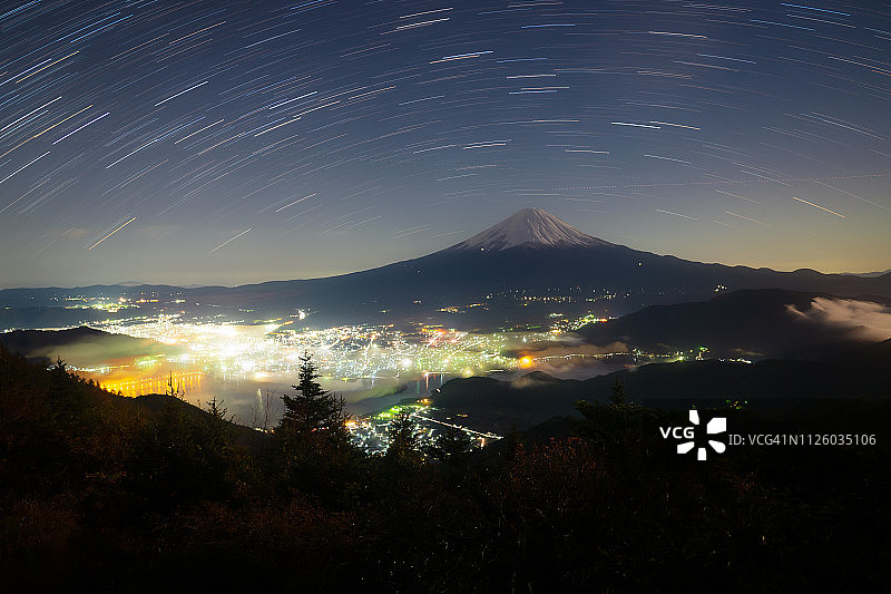 夜晚山顶观景点星轨下的富士山景色图片素材