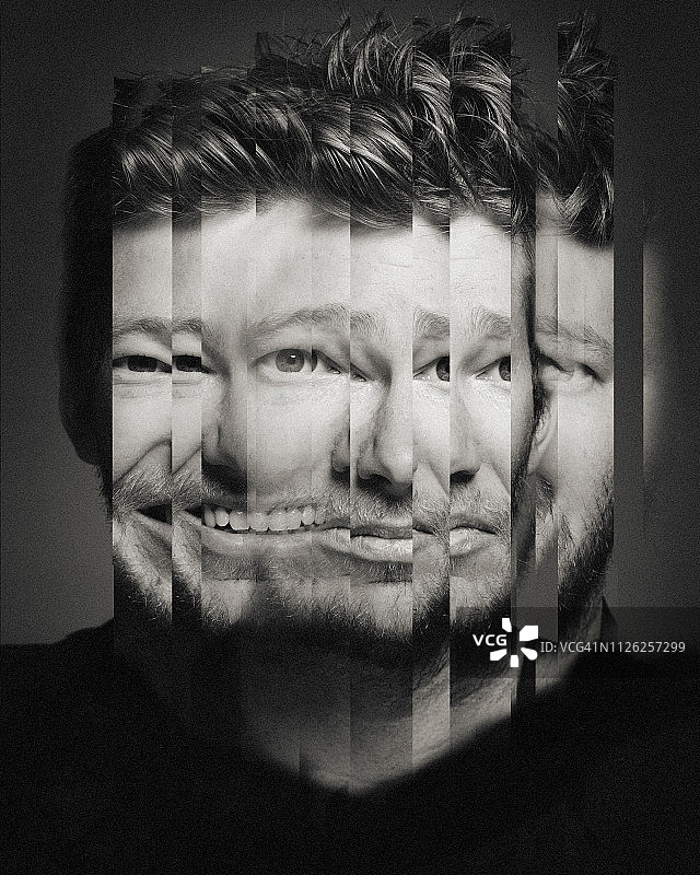 情绪从快乐到悲伤转变的男人概念肖像（多重镜面反射）图片素材