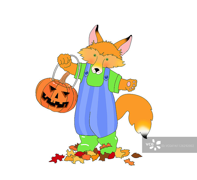 可爱狐狸抱着南瓜灯的插画图片素材