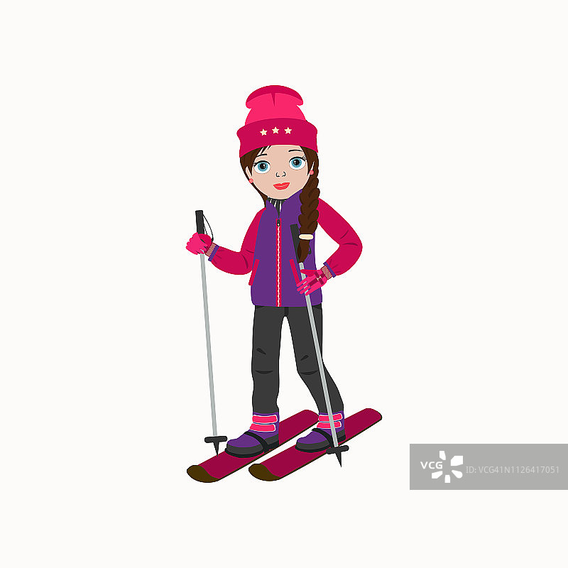 可爱的女孩拿着滑雪板站立图片素材