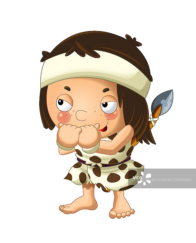 白色背景下的快乐穴居野蛮战士卡通场景图片素材