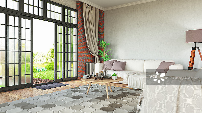 带有花园景观的客厅图片素材