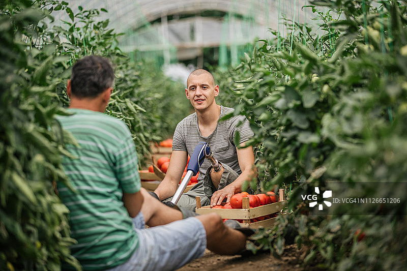 两个男人在农场工作休息图片素材