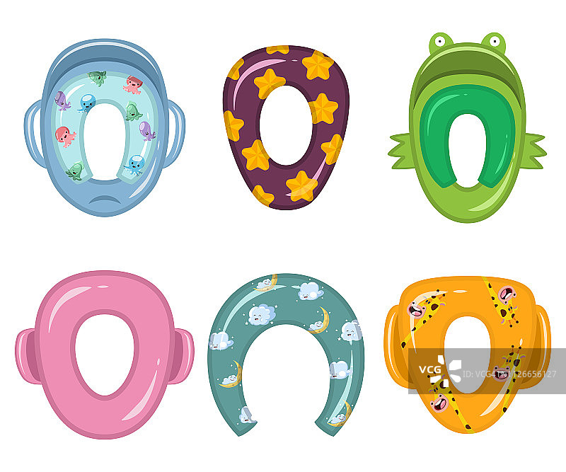 不同形状、类型和图案的儿童坐便器，有长颈鹿、云朵、星星和章鱼。矢量卡通扁平图标集，隔离在白色背景上图片素材