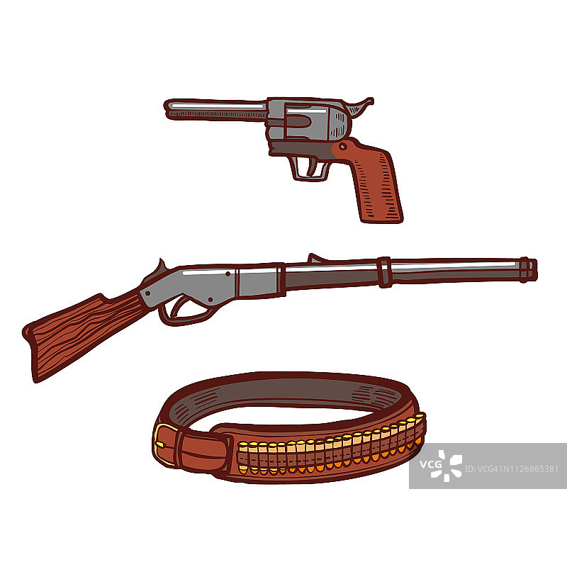 手绘风格的左轮步枪和子弹带图片素材