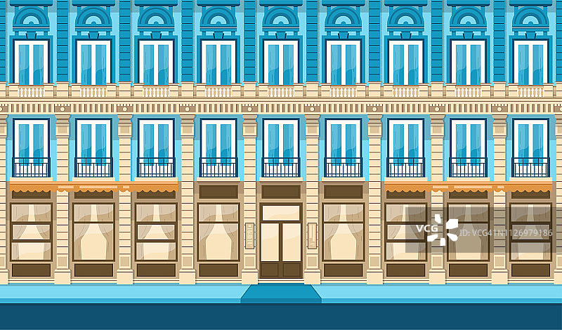 无缝城市背景：精美建筑、可爱街道建筑、酒店或餐厅宣传单扁平矢量设计图片素材