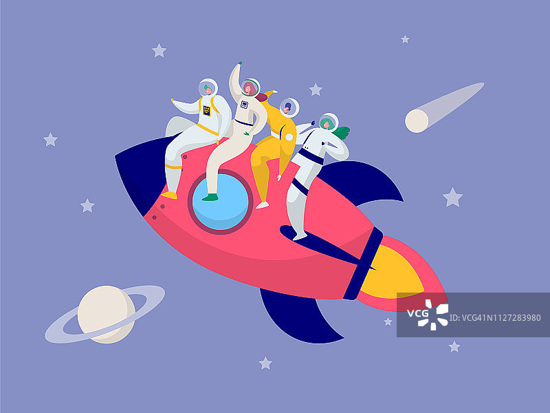 宇航员团队乘坐火箭进行星际太空旅行，人们乘坐宇宙飞船在太阳系中飞向土星彗星，前往月球的奇妙探险家交通工具扁平卡通矢量插图图片素材