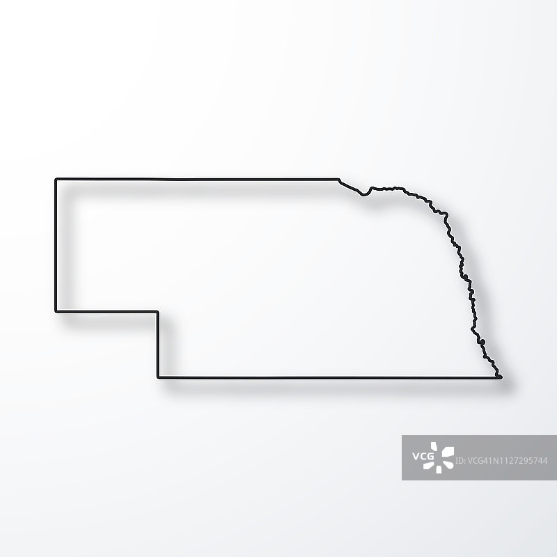 内布拉斯加州地图 - 黑色轮廓，白色背景上的阴影图片素材