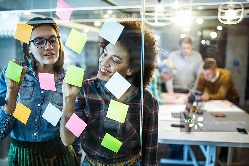 年轻的创意女性在办公室的玻璃墙上制作思维导图图片素材