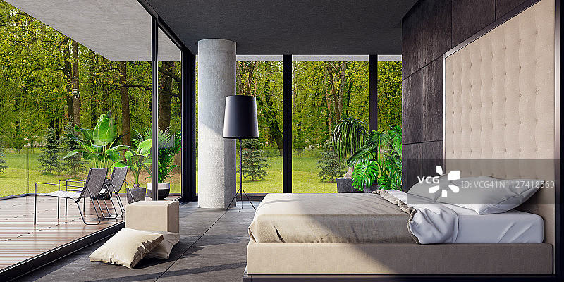 森林中现代豪华别墅全景卧室图片素材