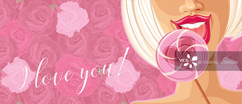 拿着多汁棒棒糖的金色头发女孩插画图片素材