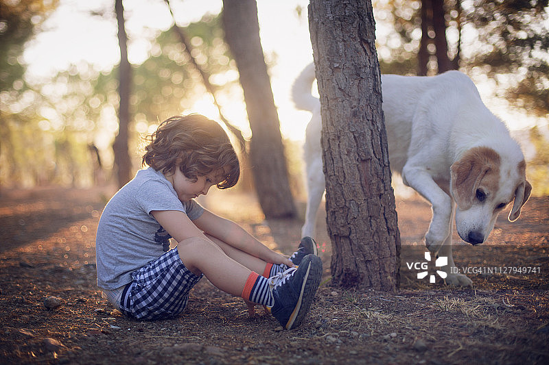 男孩坐在森林里的狗旁边图片素材