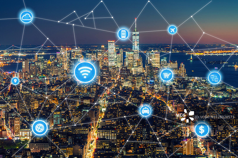 社交网络与纽约城市背景的连接技术概念图片素材