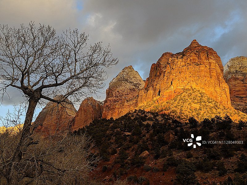 犹他州锡安国家公园东哨兵峰的日落辉光图片素材