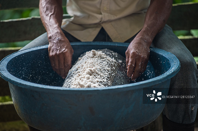 多米尼加男人在乡村磨碎椰子制作椰子油图片素材