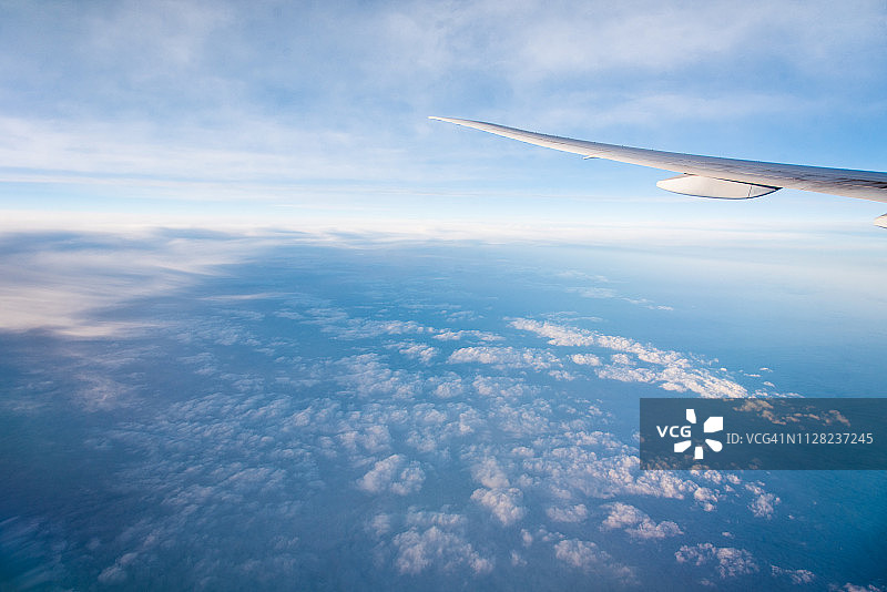 飞机机翼在蓝天白云中飞行图片素材