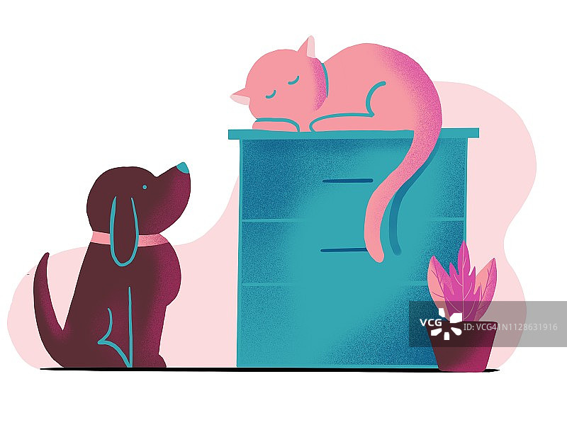 狗看着睡着的猫插画图片素材