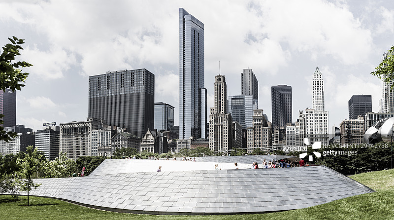 千禧公园：弗兰克·盖里设计的BP桥，背景是摩天大楼和建筑图片素材