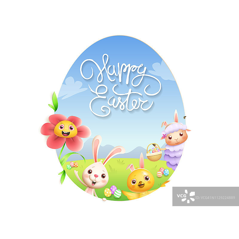 复活节贺卡 - 小羊、兔子、小鸡和鲜花在蛋形孔后偷看图片素材