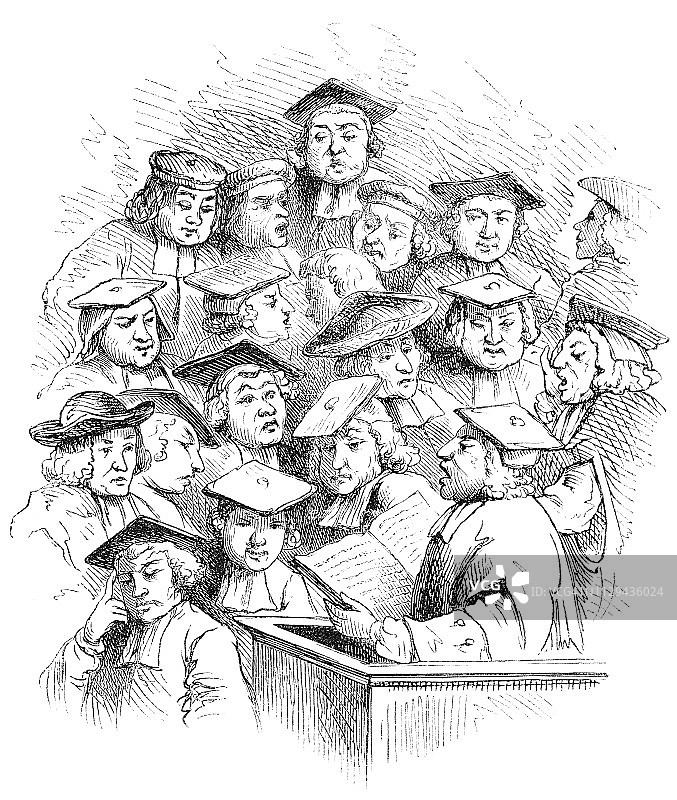 威廉·贺加斯19世纪画作：托马斯·华顿在牛津授课图片素材