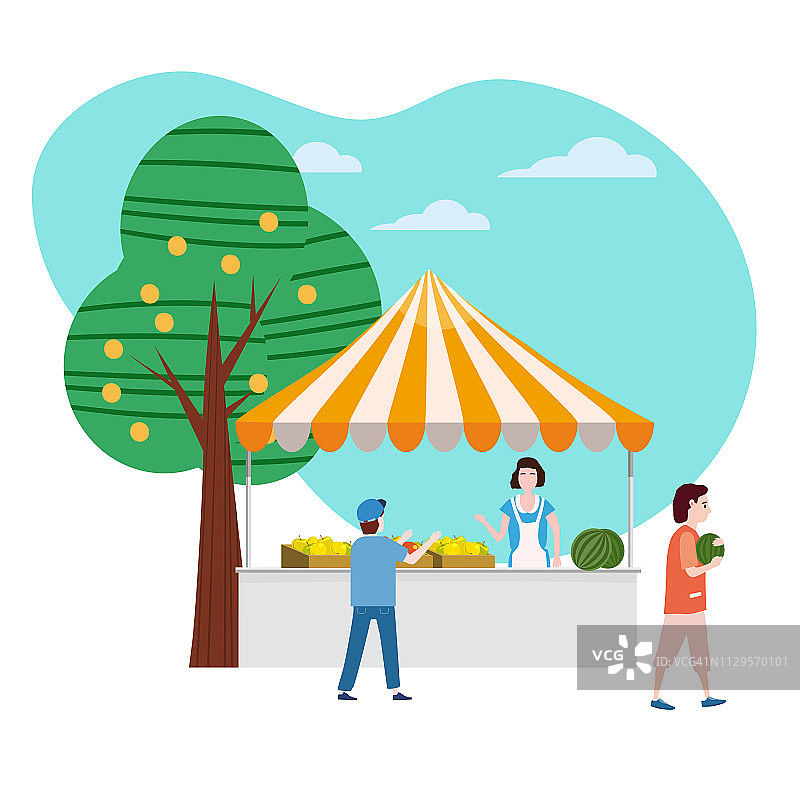 街头小吃水果市场摊位：卖家和买家矢量插画banner模板卡通扁平风格图片素材