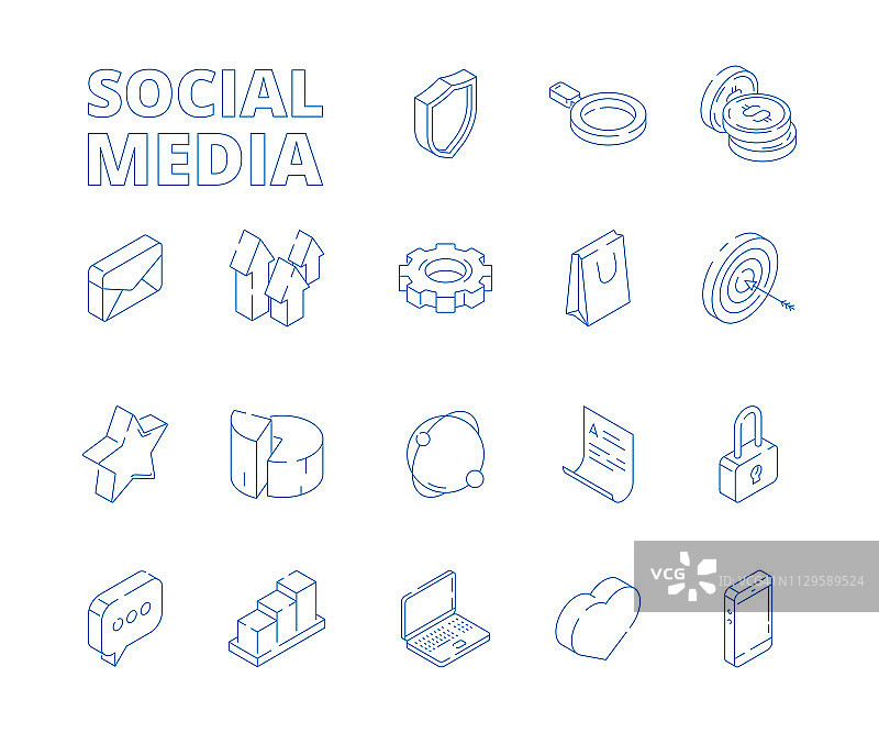 3D社交媒体营销2.5D细线商务图标网站符号邮件星星新闻消息按钮矢量图图片素材