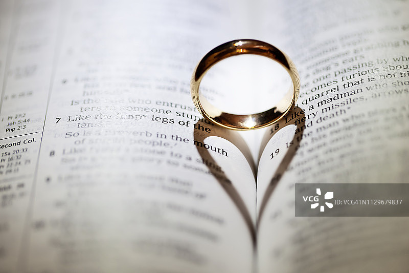 打开的书本上的结婚戒指特写图片素材