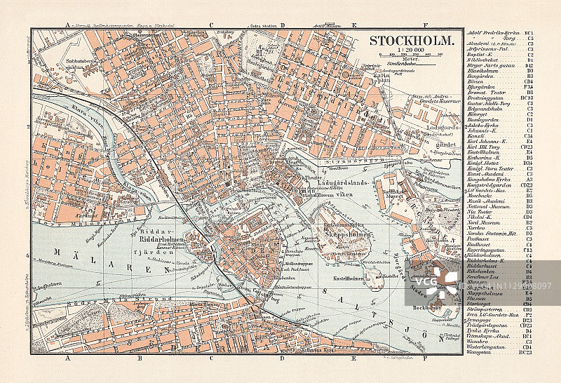 1897年出版的瑞典首都斯德哥尔摩历史城市地图图片素材