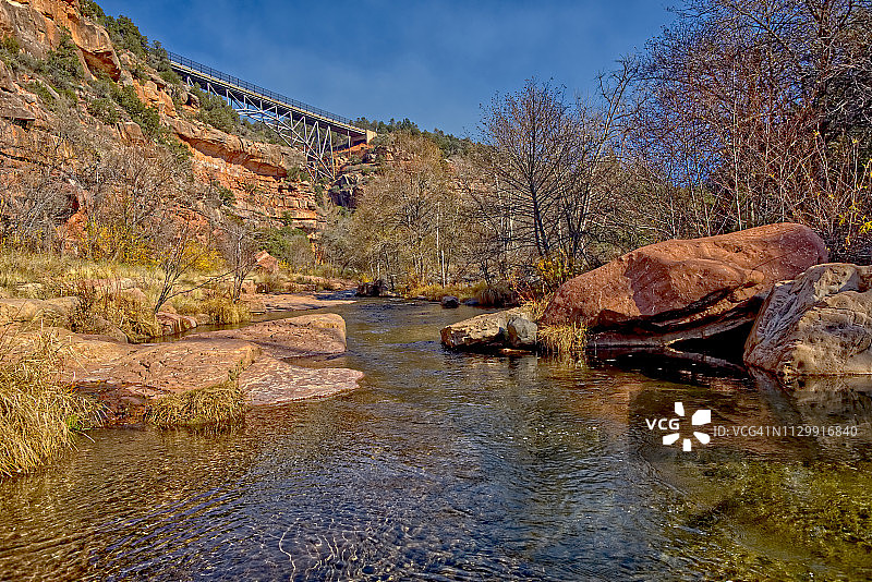 从美国亚利桑那州塞多纳橡树溪看到的米吉利大桥图片素材