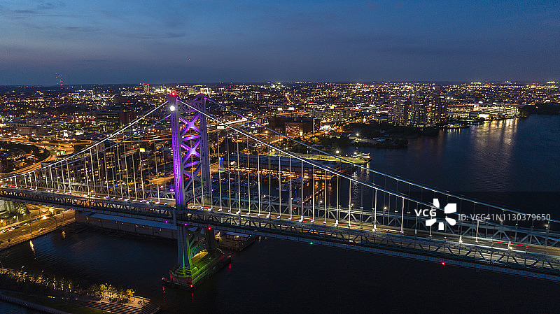 夜晚费城本杰明·富兰克林大桥和特拉华河老城码头美丽的航拍景色图片素材