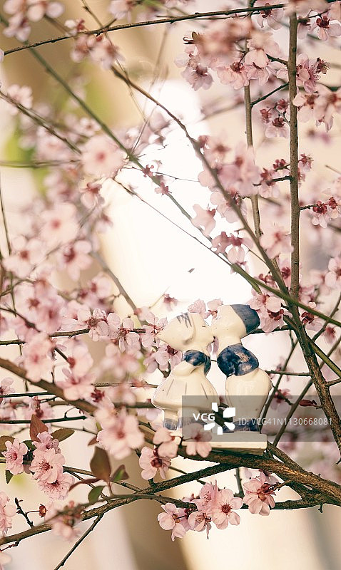 樱花树下亲吻的两个陶瓷娃娃图片素材