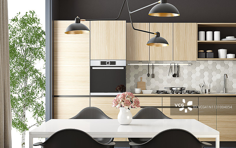 现代斯堪的纳维亚厨房和餐厅图片素材